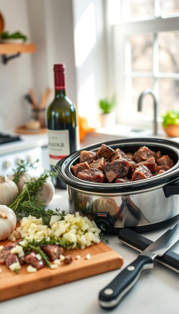 A bright, spacious kitchen with natural light streaming in. On the countertop, a slow cooker filled with tender, juicy cube steak, surrounded by a array of fresh ingredients - diced onions, minced garlic, sprigs of thyme, and a bottle of red wine. Nearby, a cutting board with a sharp knife, ready to slice the cooked meat. The scene conveys a sense of rustic, homemade comfort, the warmth and aroma of a simmering stew on a chilly day. A shallow depth of field focuses the viewer's attention on the preparation process, while the background is softly blurred, creating an intimate, inviting atmosphere. A bright, spacious kitchen with natural light streaming in. On the countertop, a slow cooker filled with tender, juicy cube steak, surrounded by a array of fresh ingredients - diced onions, minced garlic, sprigs of thyme, and a bottle of red wine. Nearby, a cutting board with a sharp knife, ready to slice the cooked meat. The scene conveys a sense of rustic, homemade comfort, the warmth and aroma of a simmering stew on a chilly day. A shallow depth of field focuses the viewer's attention on the preparation process, while the background is softly blurred, creating an intimate, inviting atmosphere.