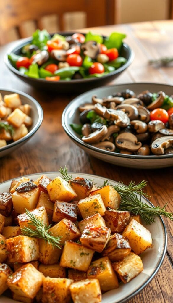 A rustic wooden table set with a variety of hearty side dishes to accompany a tender cube steak fresh from the Crock Pot. In the foreground, a platter of golden-brown roasted potatoes seasoned with rosemary and garlic. In the middle, a bowl of sautéed mushrooms and onions, their savory aroma wafting through the air. In the background, a colorful salad of mixed greens, cherry tomatoes, and a tangy vinaigrette dressing. The scene is bathed in warm, natural lighting, creating a cozy and inviting atmosphere perfect for a comforting home-cooked meal. A rustic wooden table set with a variety of hearty side dishes to accompany a tender cube steak fresh from the Crock Pot. In the foreground, a platter of golden-brown roasted potatoes seasoned with rosemary and garlic. In the middle, a bowl of sautéed mushrooms and onions, their savory aroma wafting through the air. In the background, a colorful salad of mixed greens, cherry tomatoes, and a tangy vinaigrette dressing. The scene is bathed in warm, natural lighting, creating a cozy and inviting atmosphere perfect for a comforting home-cooked meal.