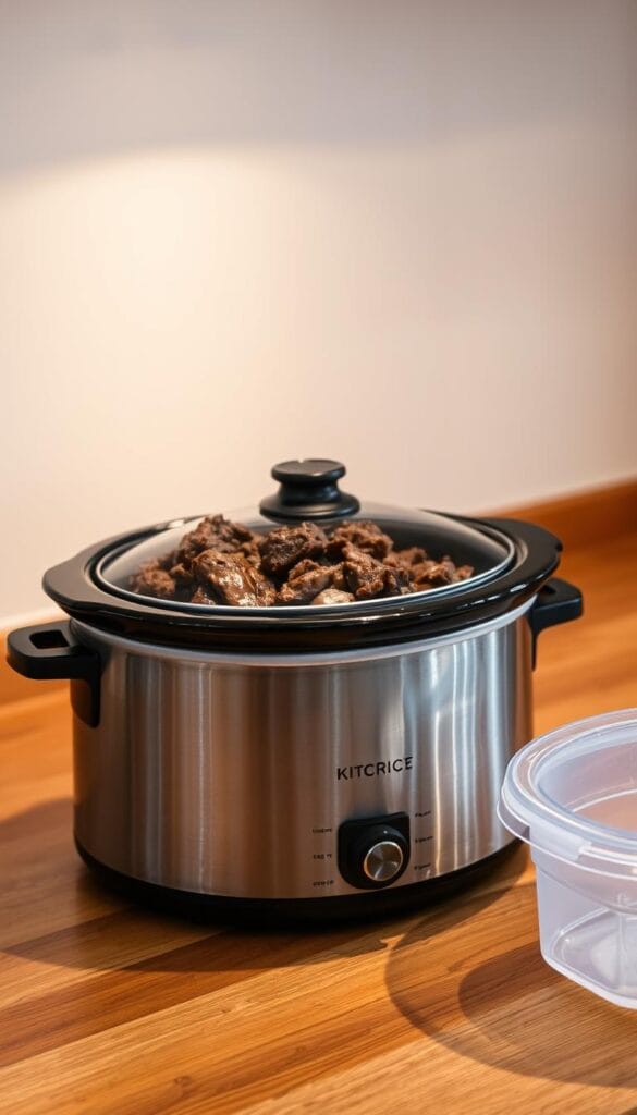 A stainless steel crock pot filled with tender, slow-cooked beef chunks, sitting atop a wooden kitchen counter. The pot's lid is slightly ajar, revealing the savory contents within. Beside the crock pot, a clear plastic food storage container waits, ready to hold the leftover steak for future meals. Warm, ambient lighting casts a cozy glow, while a clean, minimalist backdrop emphasizes the practical, utilitarian nature of this scene. The overall composition suggests a sense of culinary preparation and thoughtful meal planning. A stainless steel crock pot filled with tender, slow-cooked beef chunks, sitting atop a wooden kitchen counter. The pot's lid is slightly ajar, revealing the savory contents within. Beside the crock pot, a clear plastic food storage container waits, ready to hold the leftover steak for future meals. Warm, ambient lighting casts a cozy glow, while a clean, minimalist backdrop emphasizes the practical, utilitarian nature of this scene. The overall composition suggests a sense of culinary preparation and thoughtful meal planning.